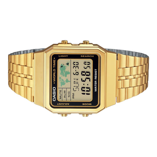 Casio A500WGA-1 Mens Digital Watch Gold Band Black Dial World Time LED Alarm