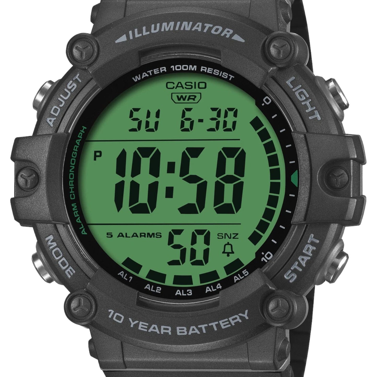 Casio AE-1500WHC-1AV Mens Digital Watch Black Resin Band Green Face 100m LED