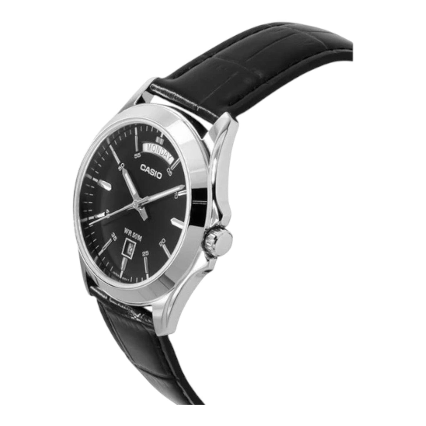 Casio MTP-1370L-1AVDF Silver Case Black Leather Date Day Display...