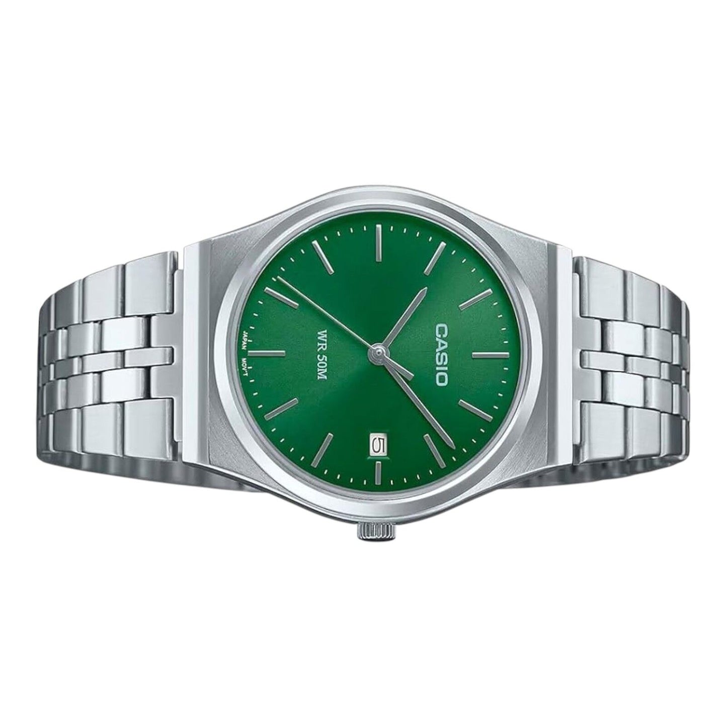 Casio MTP-B145D-3AV Green Dial Silver Stainless Steel Retro Analog Watch