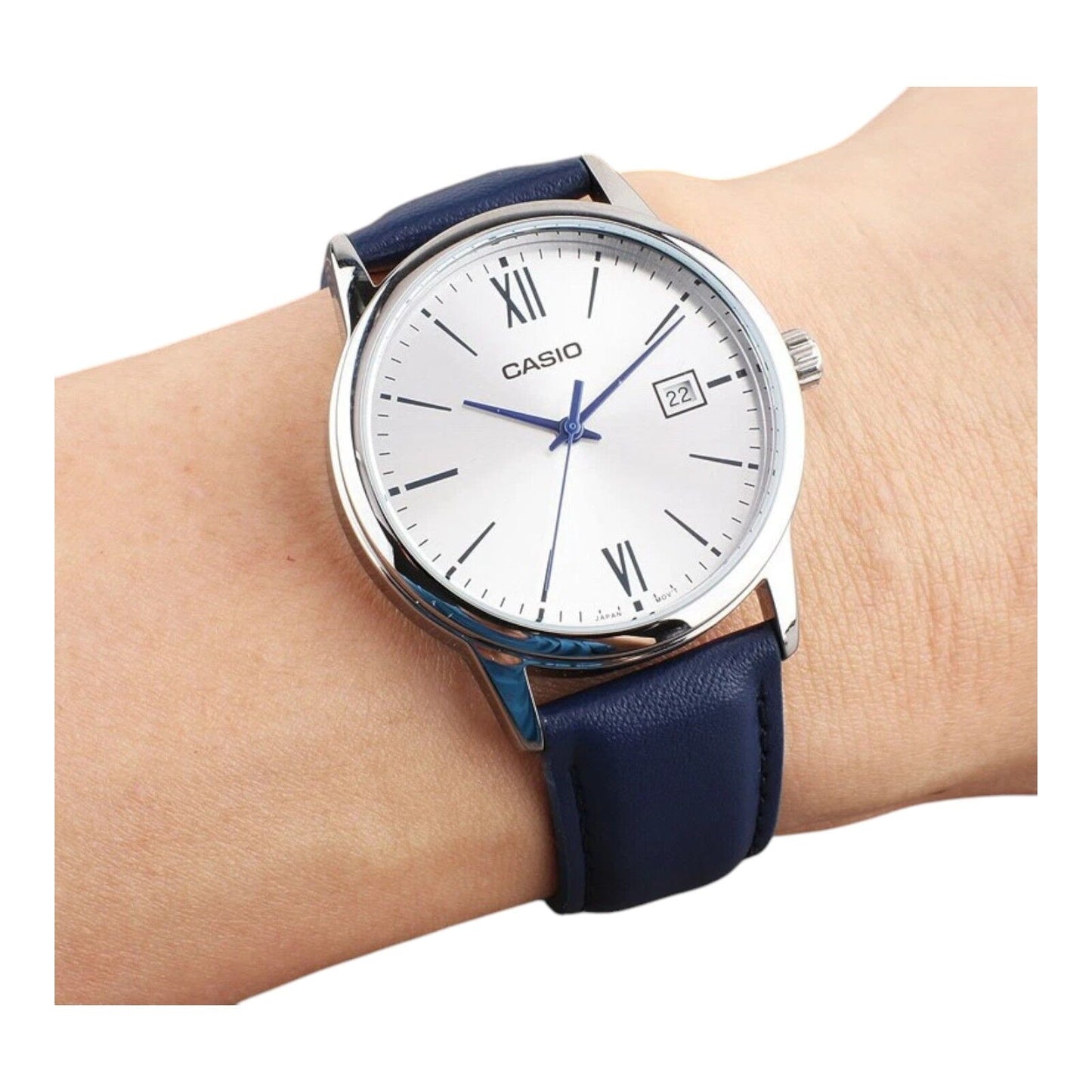 Casio MTP-V002L-2B3 Men's Blue Leather Band Roman Silver Dial Date Watch