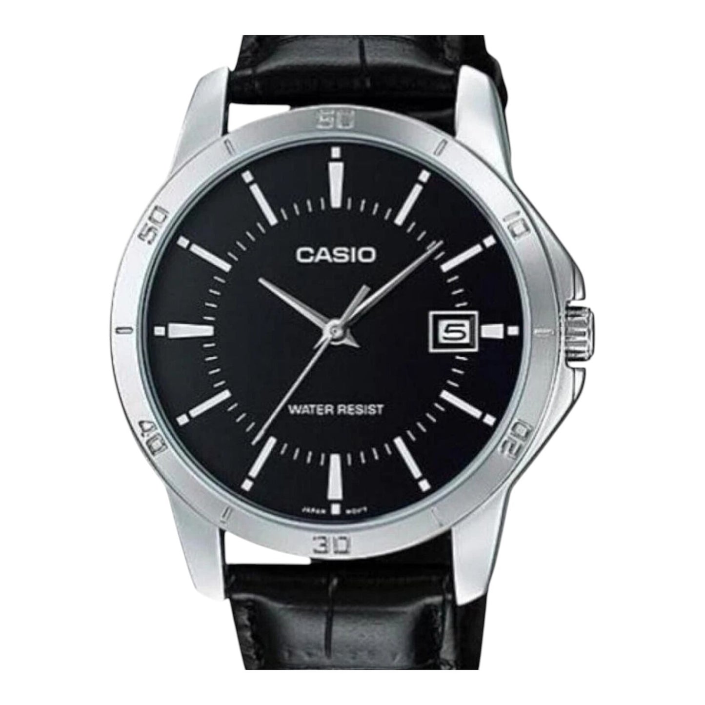 Casio MTP-V004L-1A Mens Watch Black Dial Leather Strap Date Display Water Resist