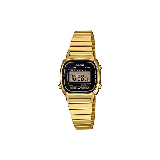 CASIO LA670WGA-1UR Womens Black Digital Watch with Gold Band