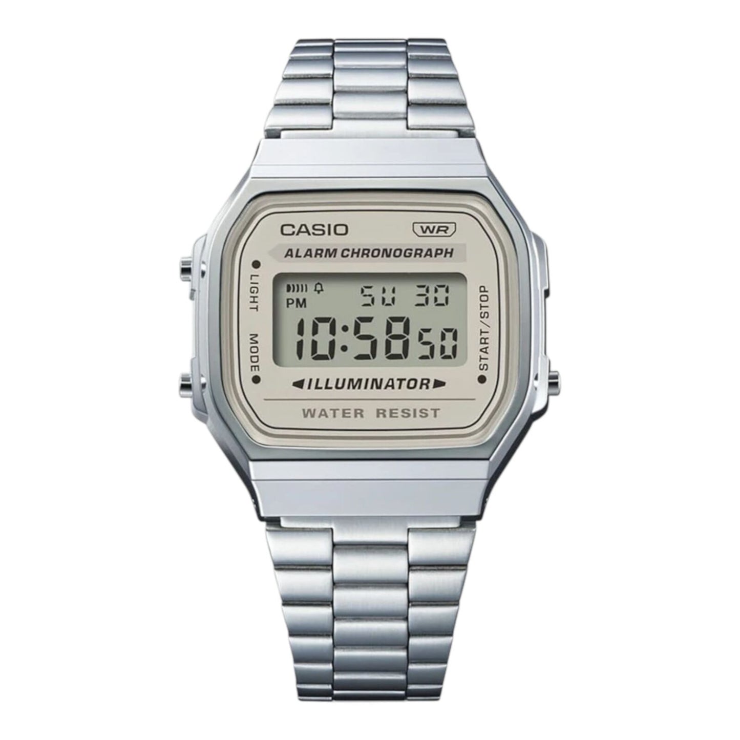 Casio A168WA-8A Unisex Digital Silver Watch Cream Dial EL Light Stopwatch