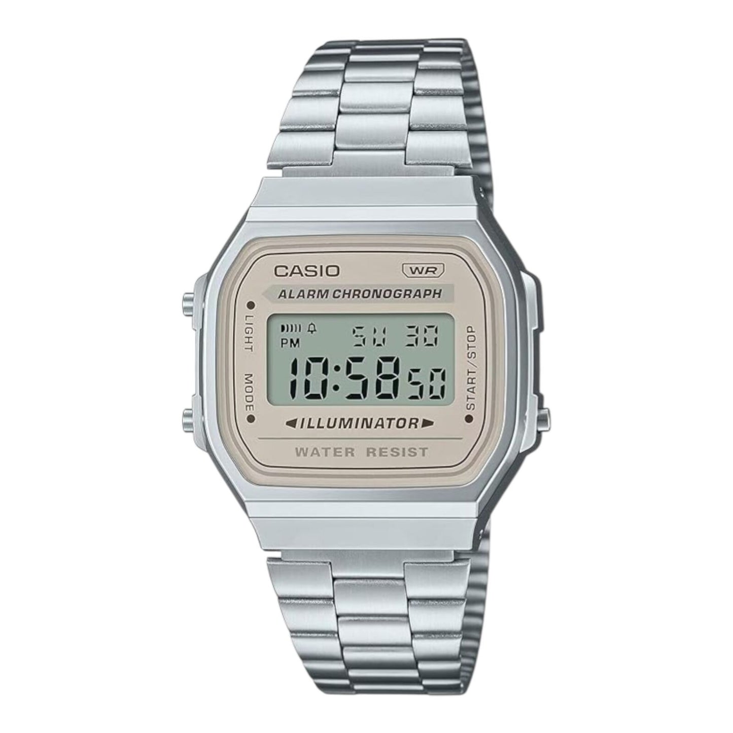 Casio A168WA-8A Unisex Digital Silver Watch Cream Dial EL Light Stopwatch