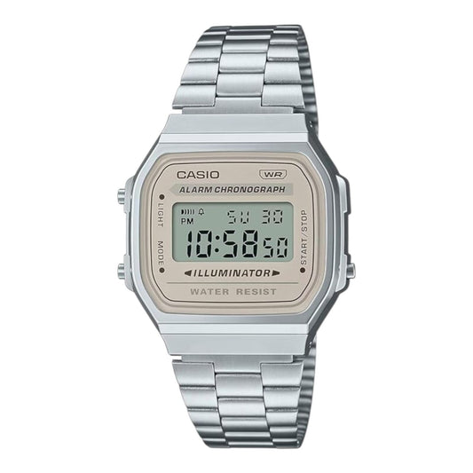 Casio A168WA-8A Unisex Digital Silver Watch Cream Dial EL Light Stopwatch
