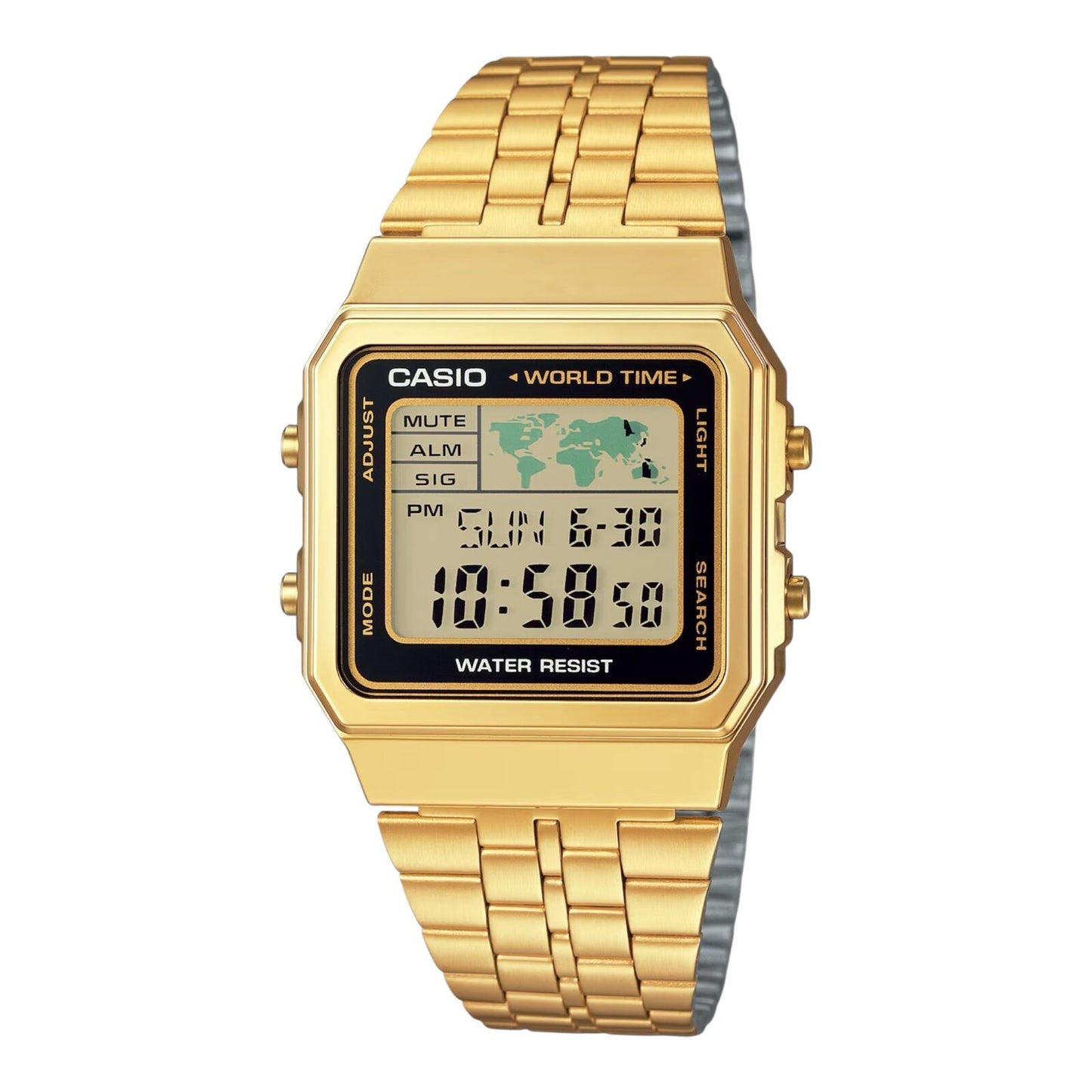 Casio A500WGA-1 Mens Digital Watch Gold Band Black Dial World Time LED Alarm
