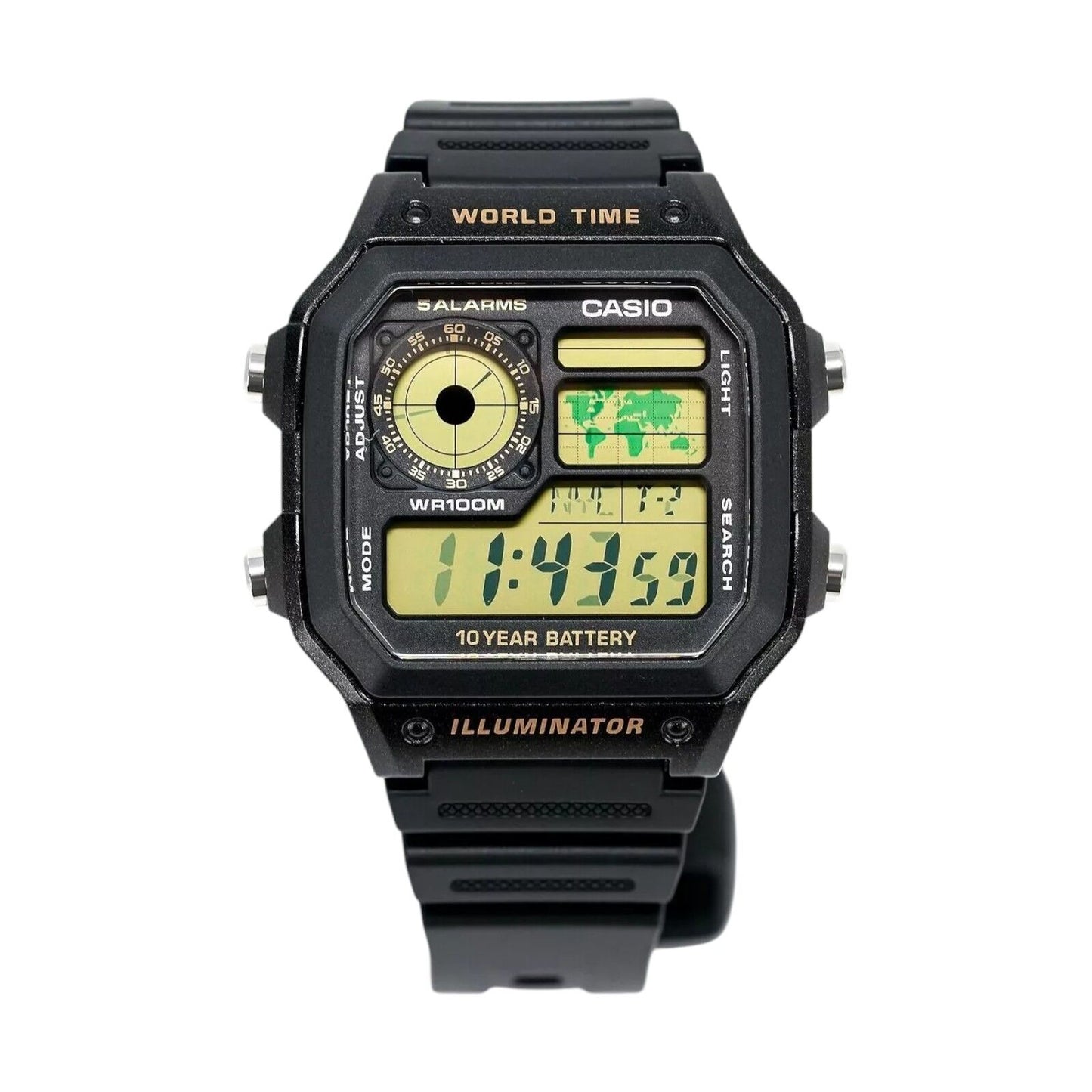 Casio Digital World Map World Time Alarm Illuminator AE-1200WH-1BVDF Mens Watch