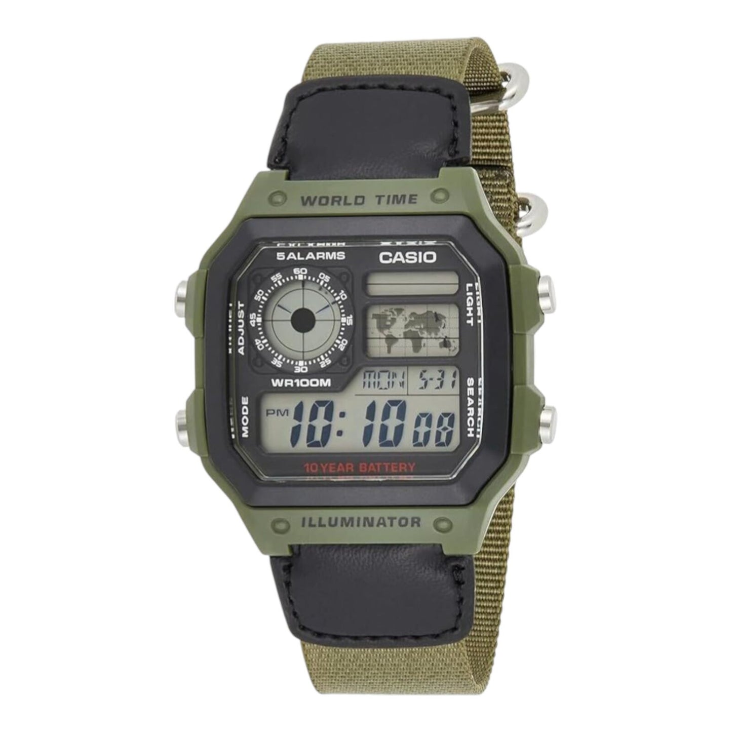Casio AE-1200WHB-3B Green Nylon Band Digital World Time Square Men's Sport Watch