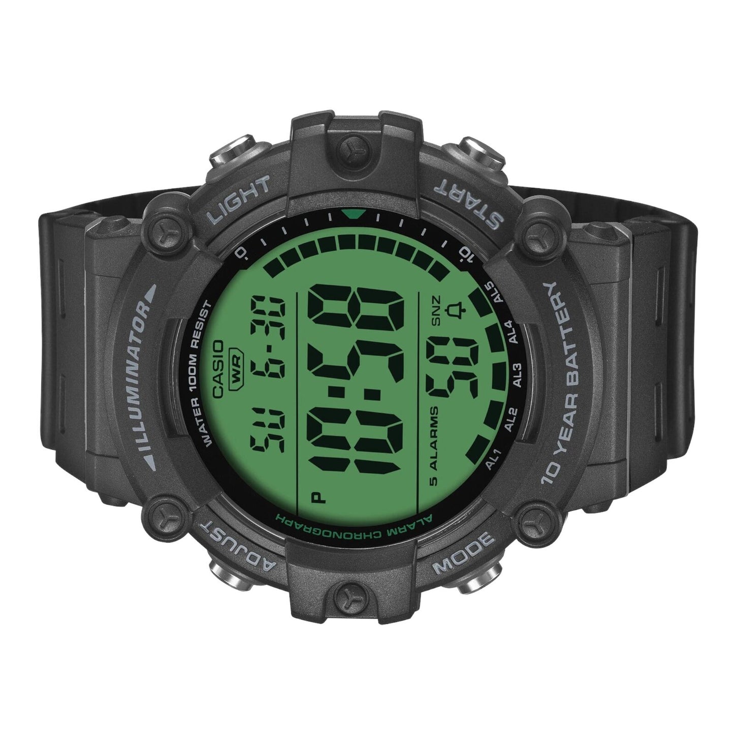 Casio AE-1500WHC-1AV Mens Digital Watch Black Resin Band Green Face 100m LED