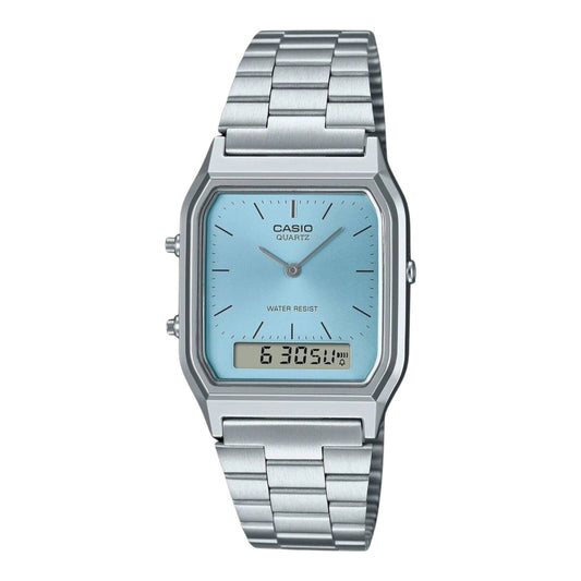 Casio AQ-230A-2 Unisex Watch Ice Blue Dial Digital Dual Time Alarm Steel Band