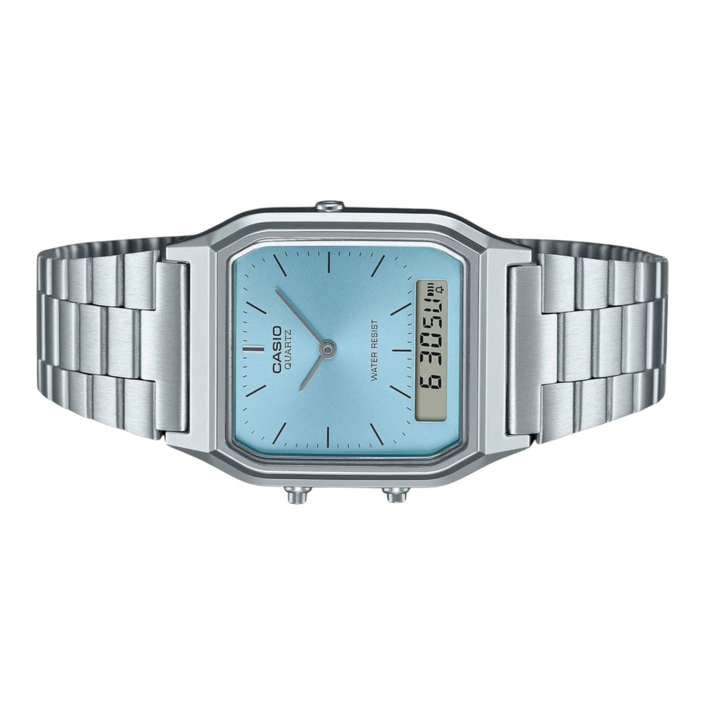 Casio AQ-230A-2 Unisex Watch Ice Blue Dial Digital Dual Time Alarm Steel Band