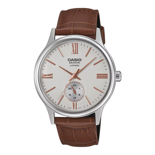 Casio BMS-100L-5AV Mens Watch Silver Dial Brown Leather Sapphire 50M