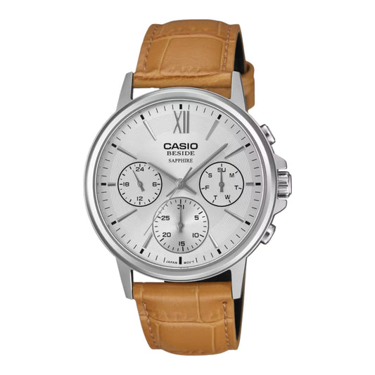 Casio BMS-300L-5AV Mens Watch Silver Dial Tan Leather Sapphire 50M