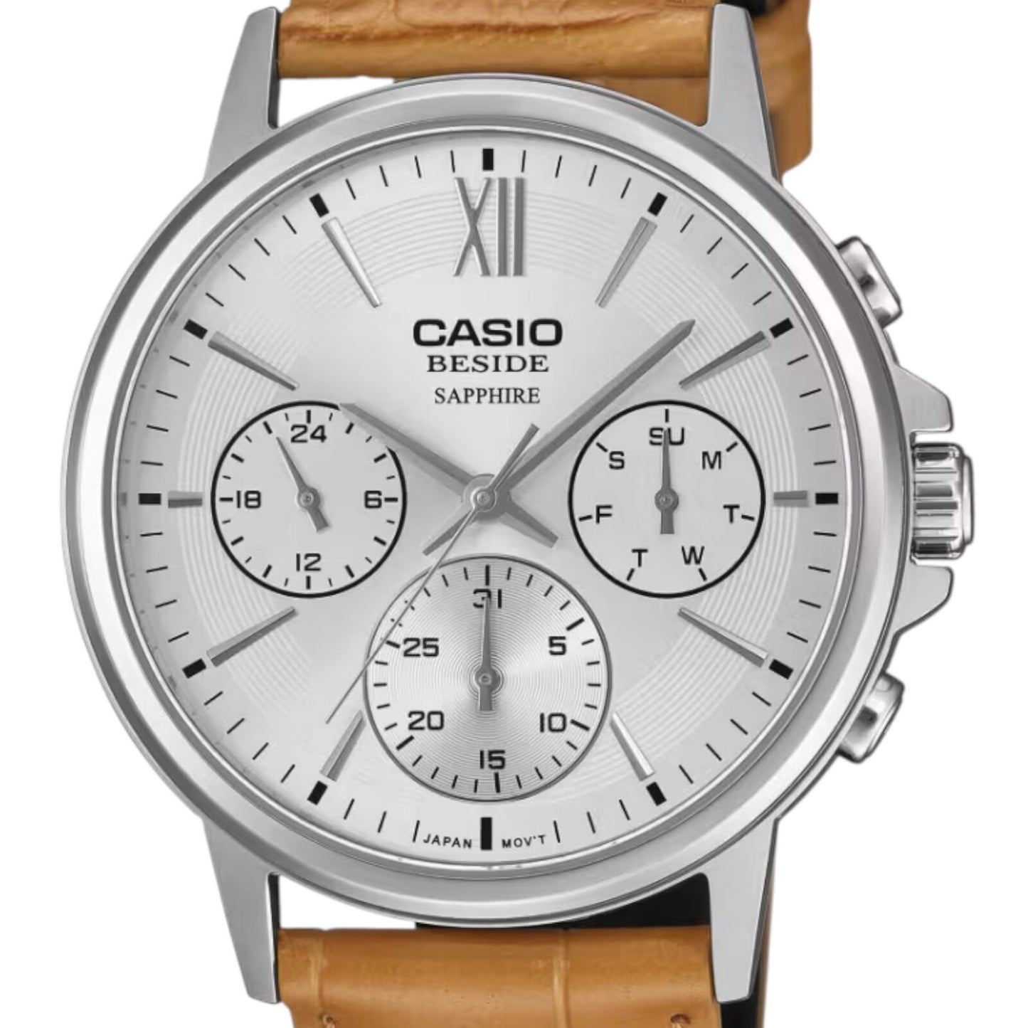 Casio BMS-300L-5AV Mens Watch Silver Dial Tan Leather Sapphire 50M