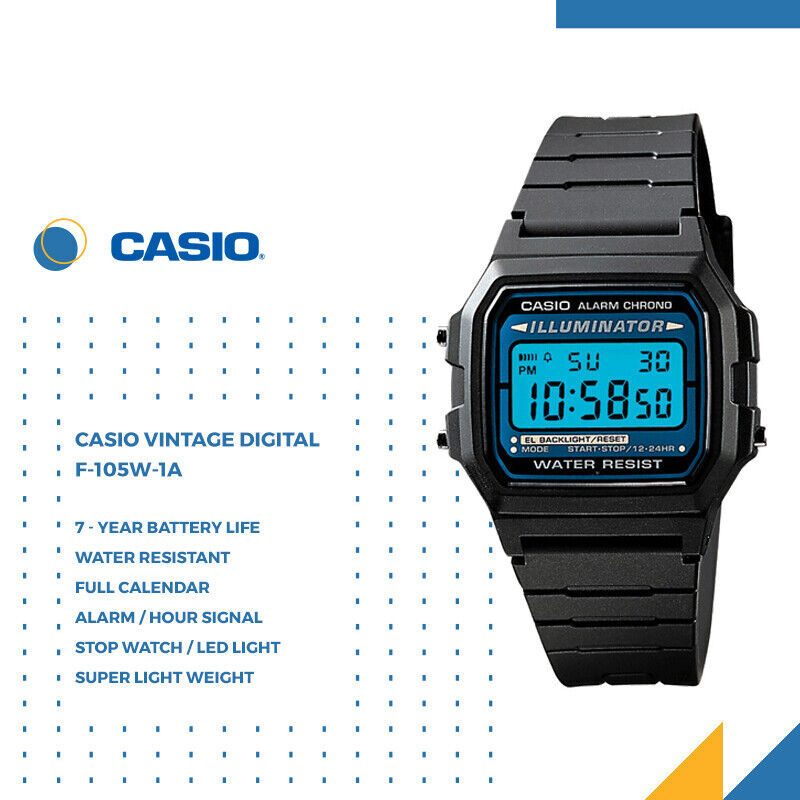 Casio F105W-1A Men's Digital 35mm Watch Quartz Illuminator Alarm Chronograph AU