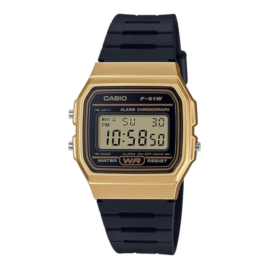 Casio F-91WM-9ADF Gold Tone Black Resin Digital Watch LED Alarm Stopwatch Unisex