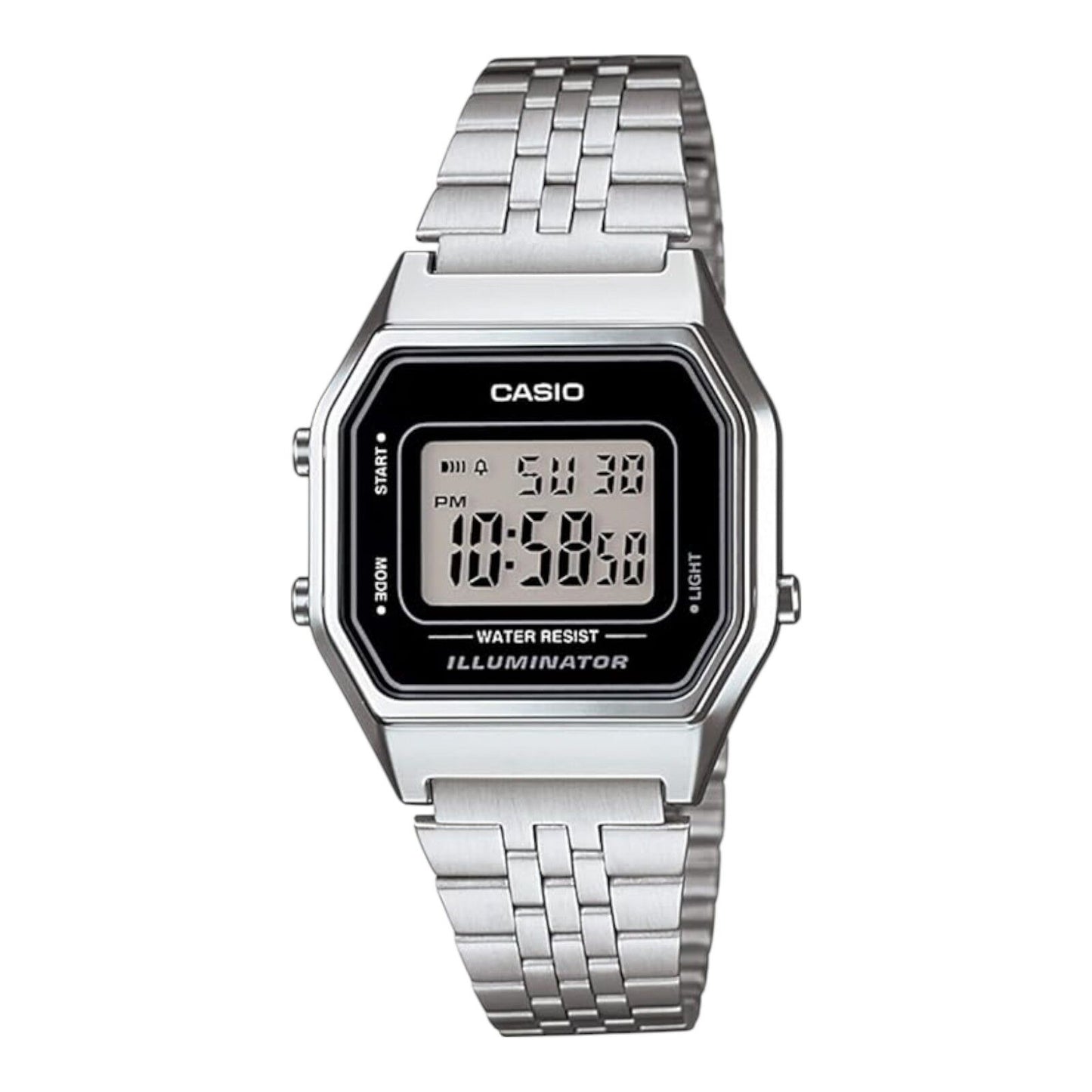 Casio LA680WA-1D Silver Stainless Digital Watch Black Dial Retro 30M Women