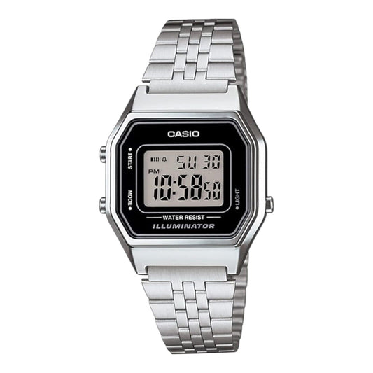 Casio LA680WA-1D Silver Stainless Digital Watch Black Dial Retro 30M Women