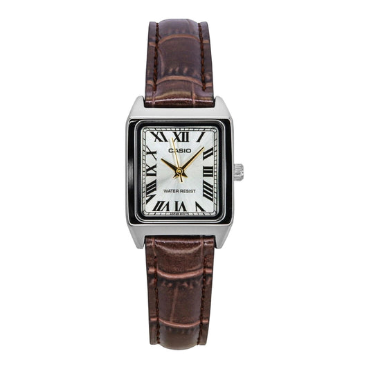 Casio LTP-V007L-9B Womens Rectangular Gold Dial Brown Leather Band Watch Quartz