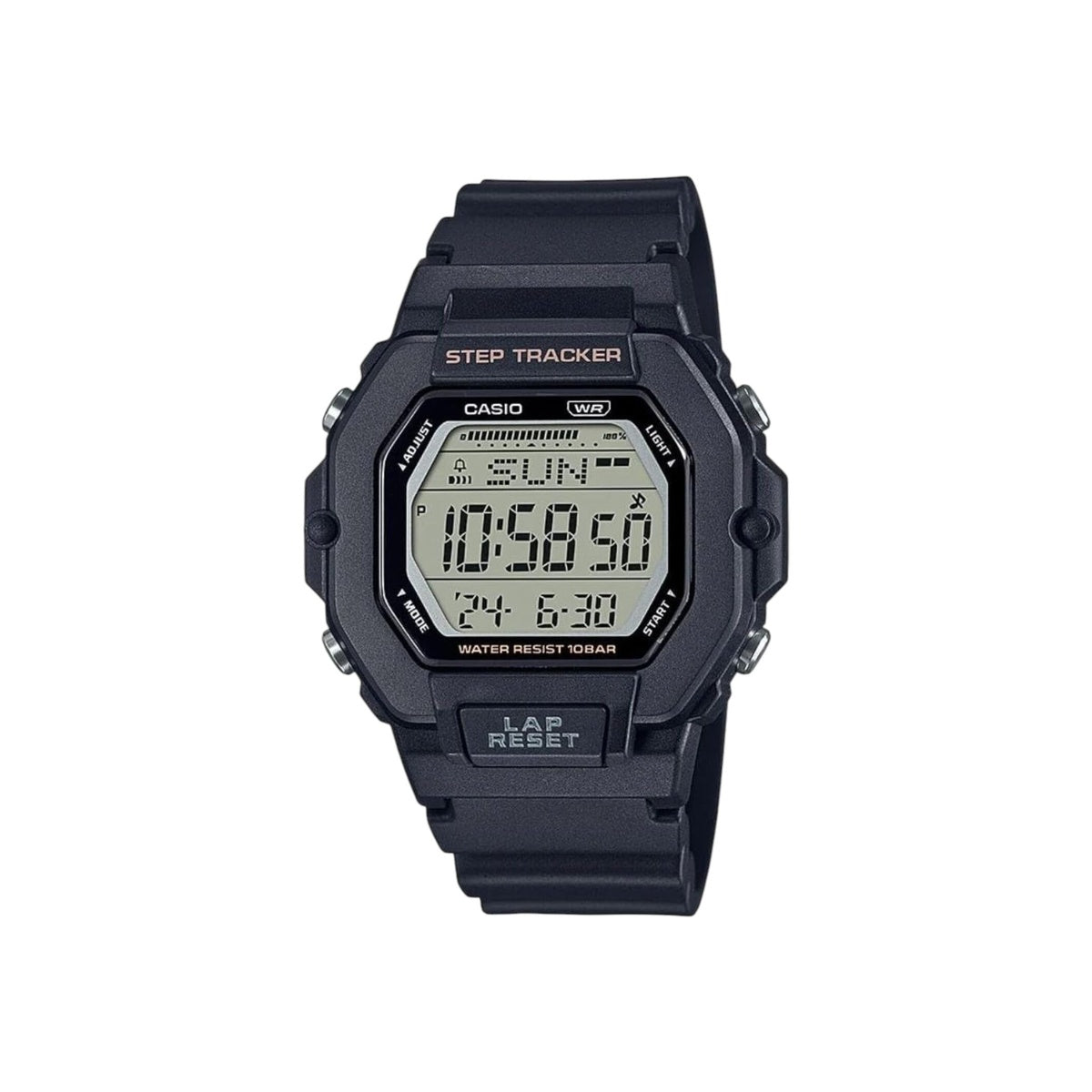 CASIO DIGITAL STEP TRACKER LED, DUAL TIME, 100M WR BLACK RESIN BAND