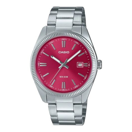 Casio Men's Watch MTP-1302PD-4AVEF Red Dial Stainless Steel Quartz 50M Date 38mm