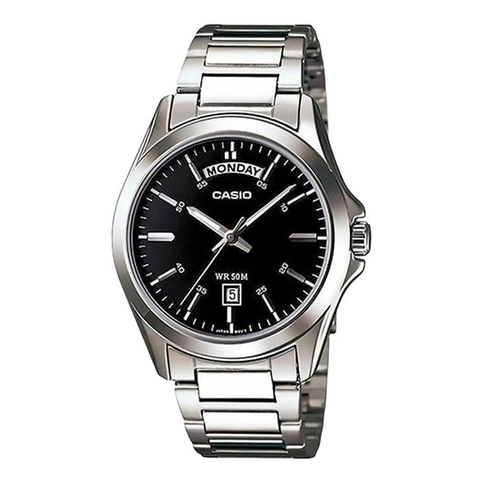 Casio MTP-1370D-1A1V Black Dial Silver Stainless Steel Analog Watch Day Date