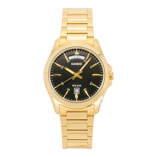 Casio MTP-1370G-1AV Mens Black Dial Gold Tone Watch Stainless Steel 50M