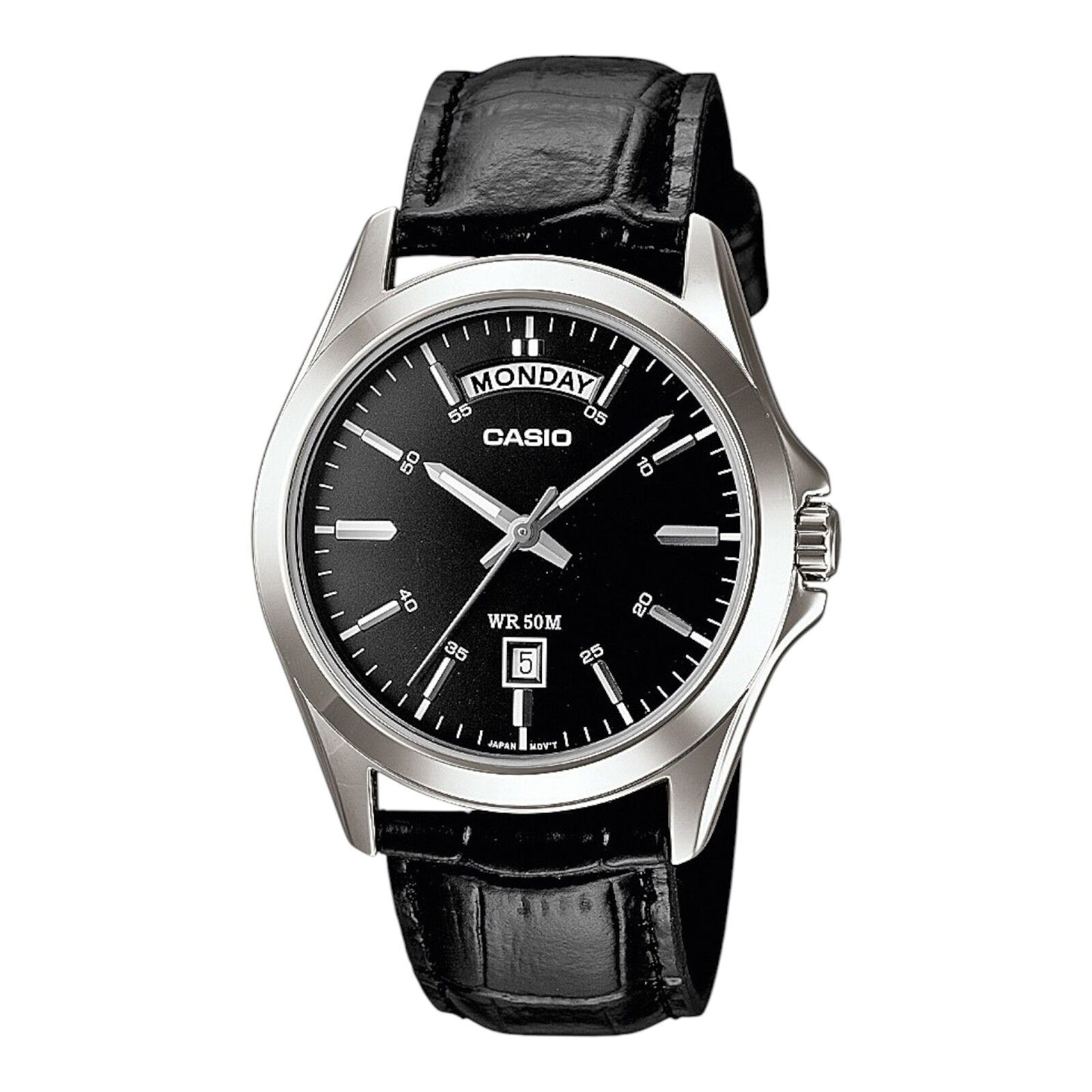 Casio MTP-1370L-1AVDF Silver Case Black Leather Date Day Display...