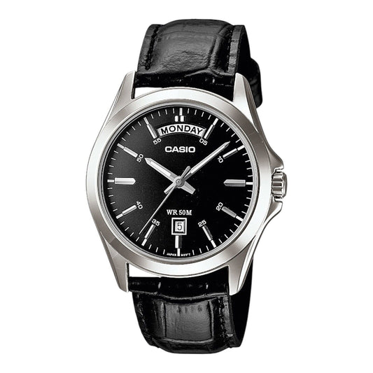 Casio MTP-1370L-1AVDF Silver Case Black Leather Date Day Display Men’s Watch