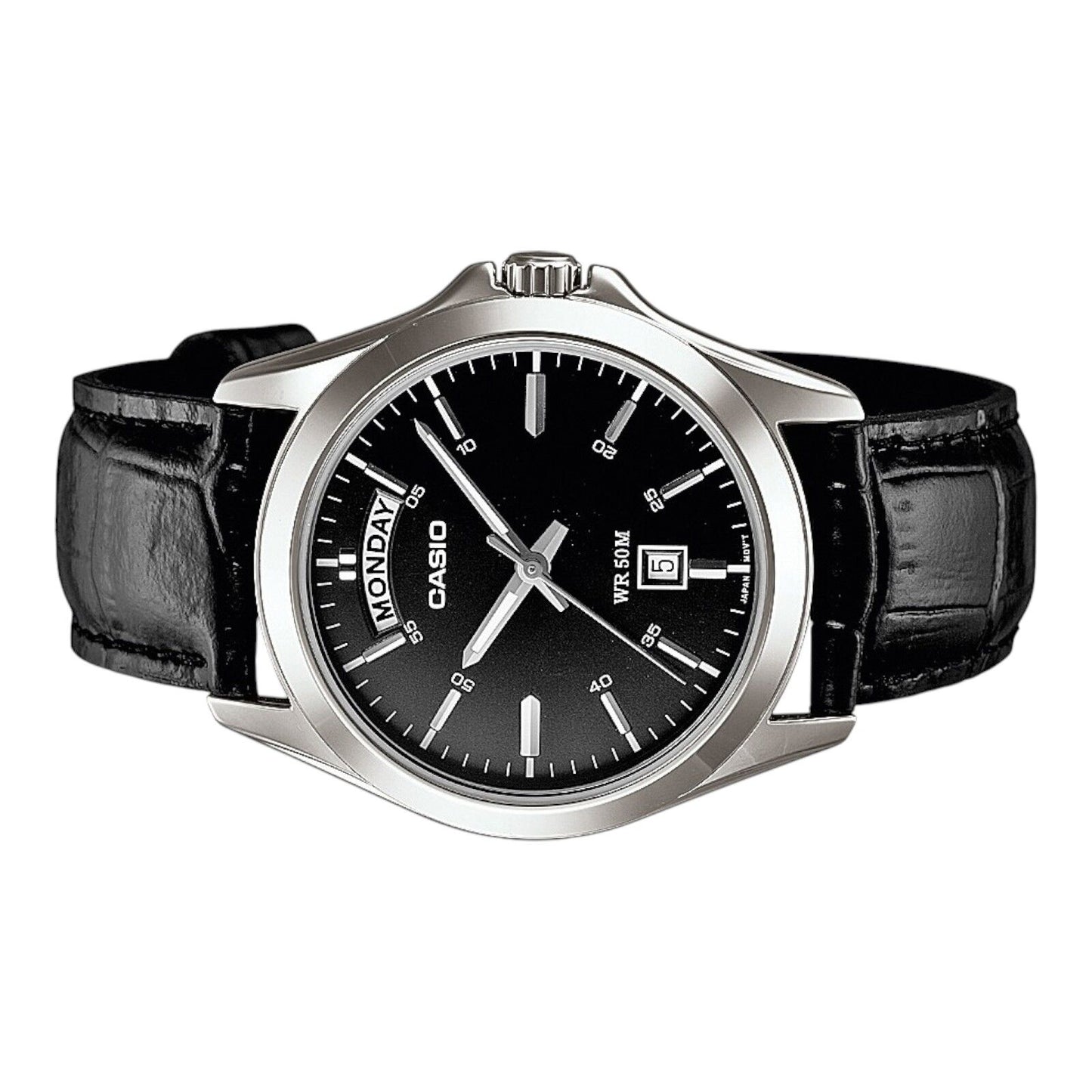 Casio MTP-1370L-1AVDF Silver Case Black Leather Date Day Display...