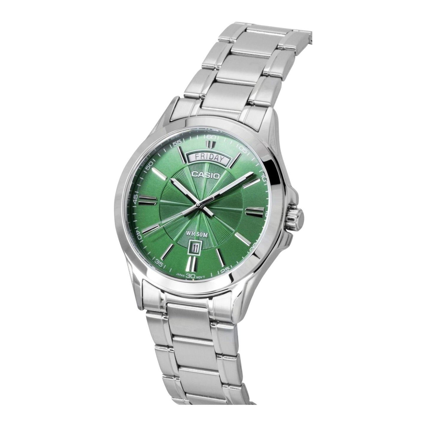 Casio MTP-1381D-3AV Mens Green Dial Stainless Steel Watch 50M Water Resistant