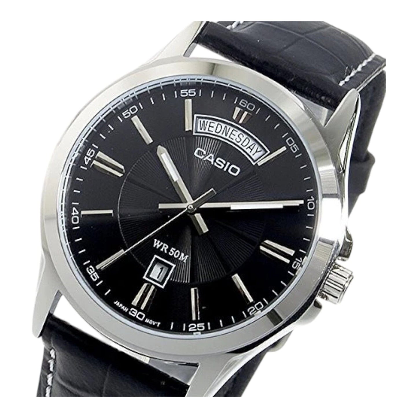 Casio MTP-1381L-1AV Black Dial Leather Band Analog Watch Day Date...