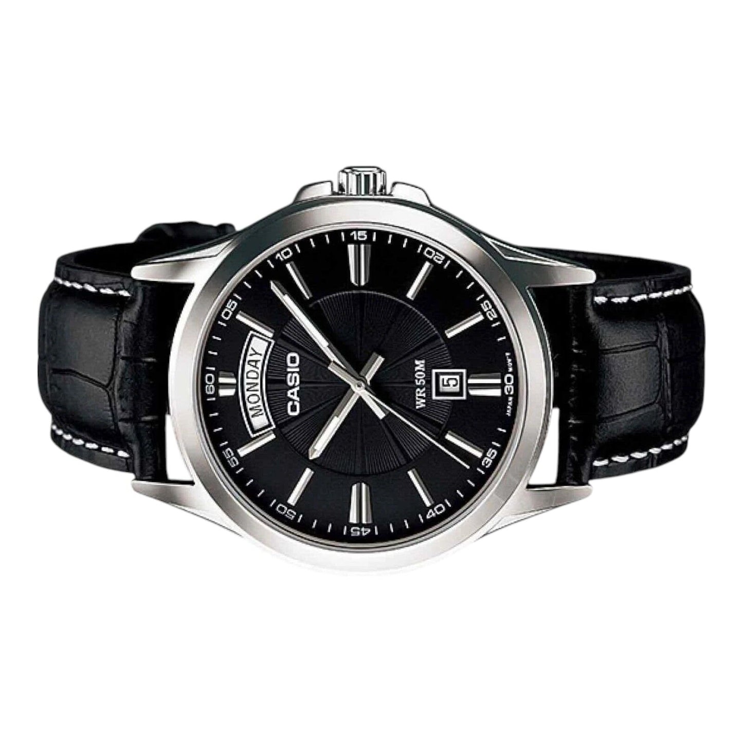 Casio MTP-1381L-1AV Black Dial Leather Band Analog Watch Day Date...