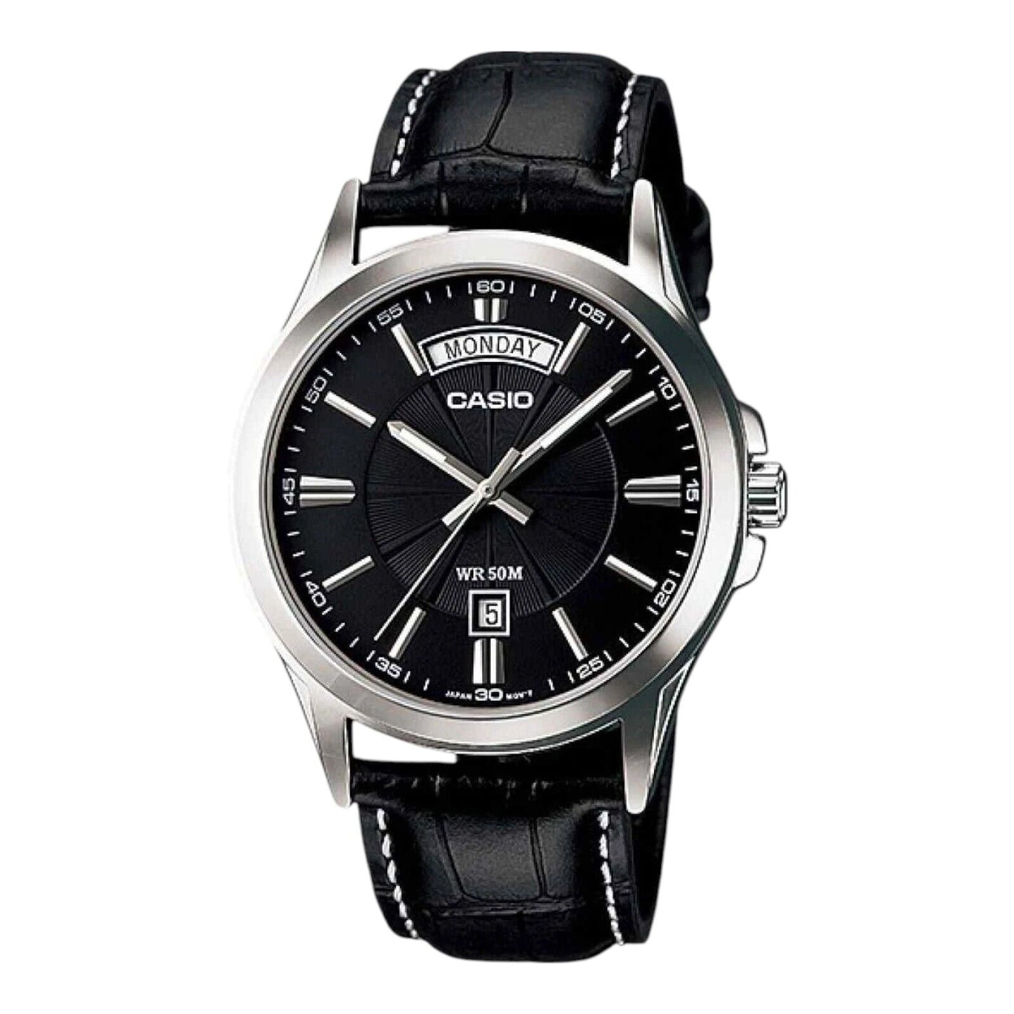 Casio MTP-1381L-1AV Black Dial Leather Band Analog Watch Day Date...