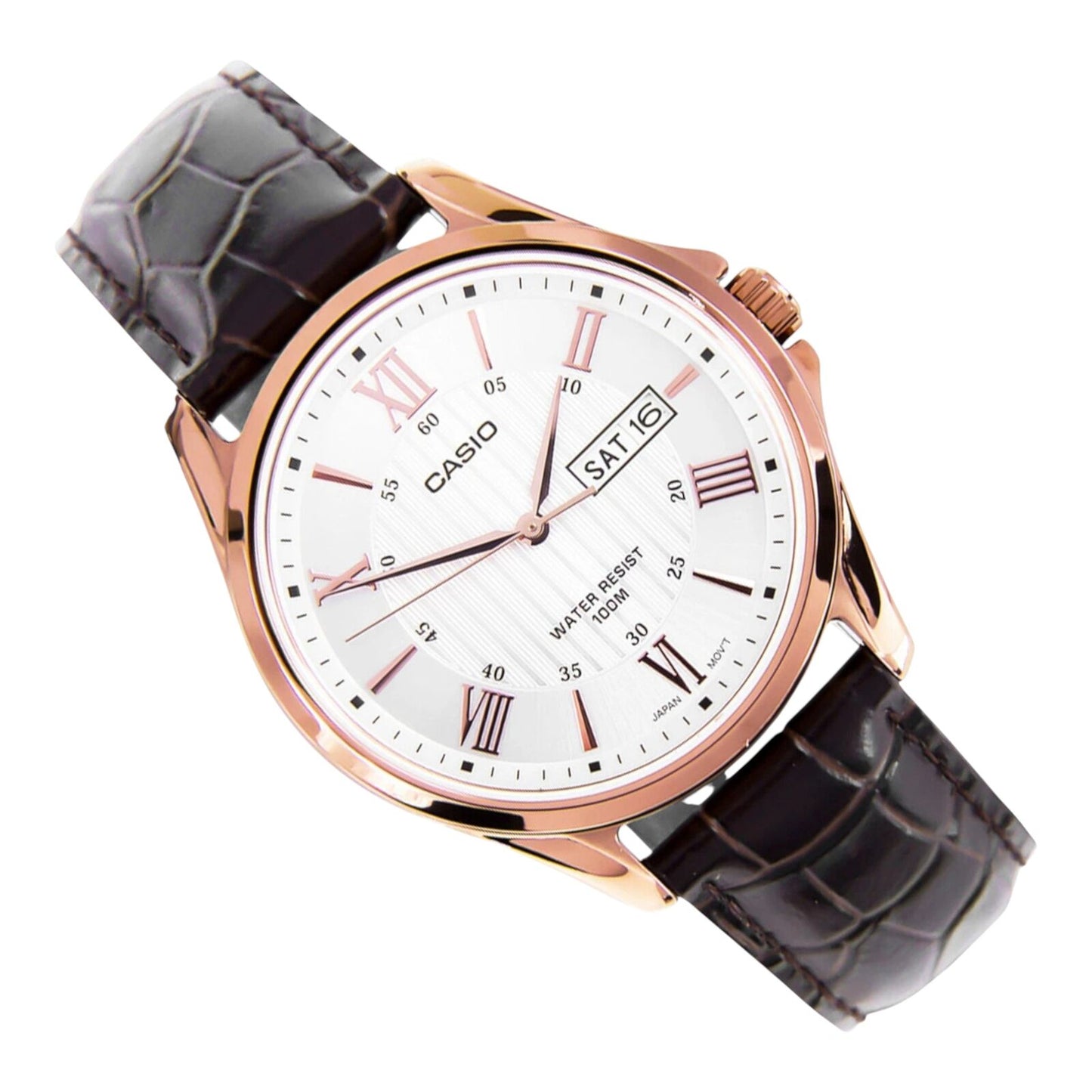 Casio MTP-1384L-7AV Mens Watch White Dial Rose Gold Case Leather...