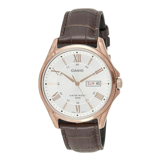 Casio MTP-1384L-7AV Mens Watch White Dial Rose Gold Case Leather Band 100m Water