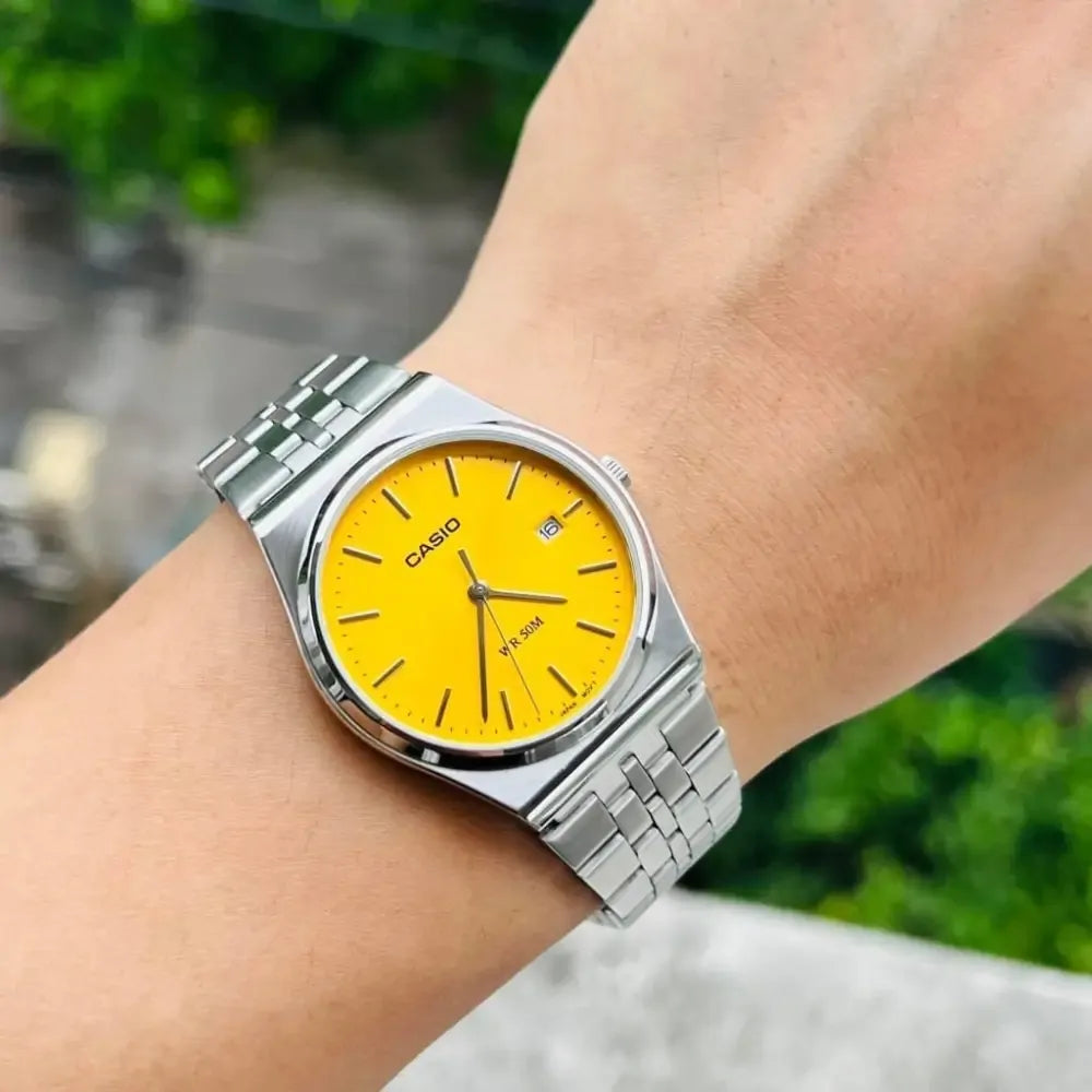 Casio MTP-B145D-9AV Unisex Analog Watch Silver Band Yellow Dial...