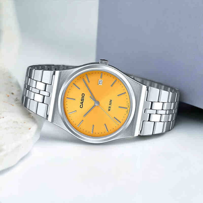 Casio MTP-B145D-9AV Unisex Analog Watch Silver Band Yellow Dial...