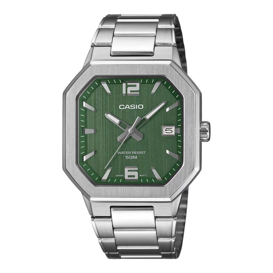 Casio MTP-B195D-3AV Mens Watch Green Dial Silver Steel Bracelet Date 50m