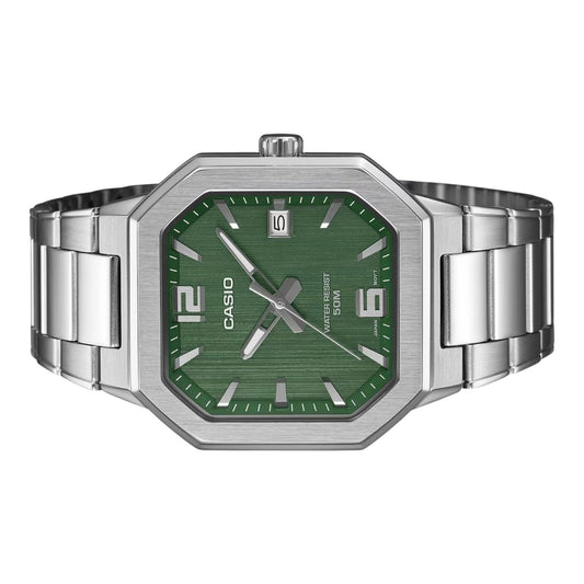 Casio MTP-B195D-3AV Mens Watch Green Dial Silver Steel Bracelet Date 50m