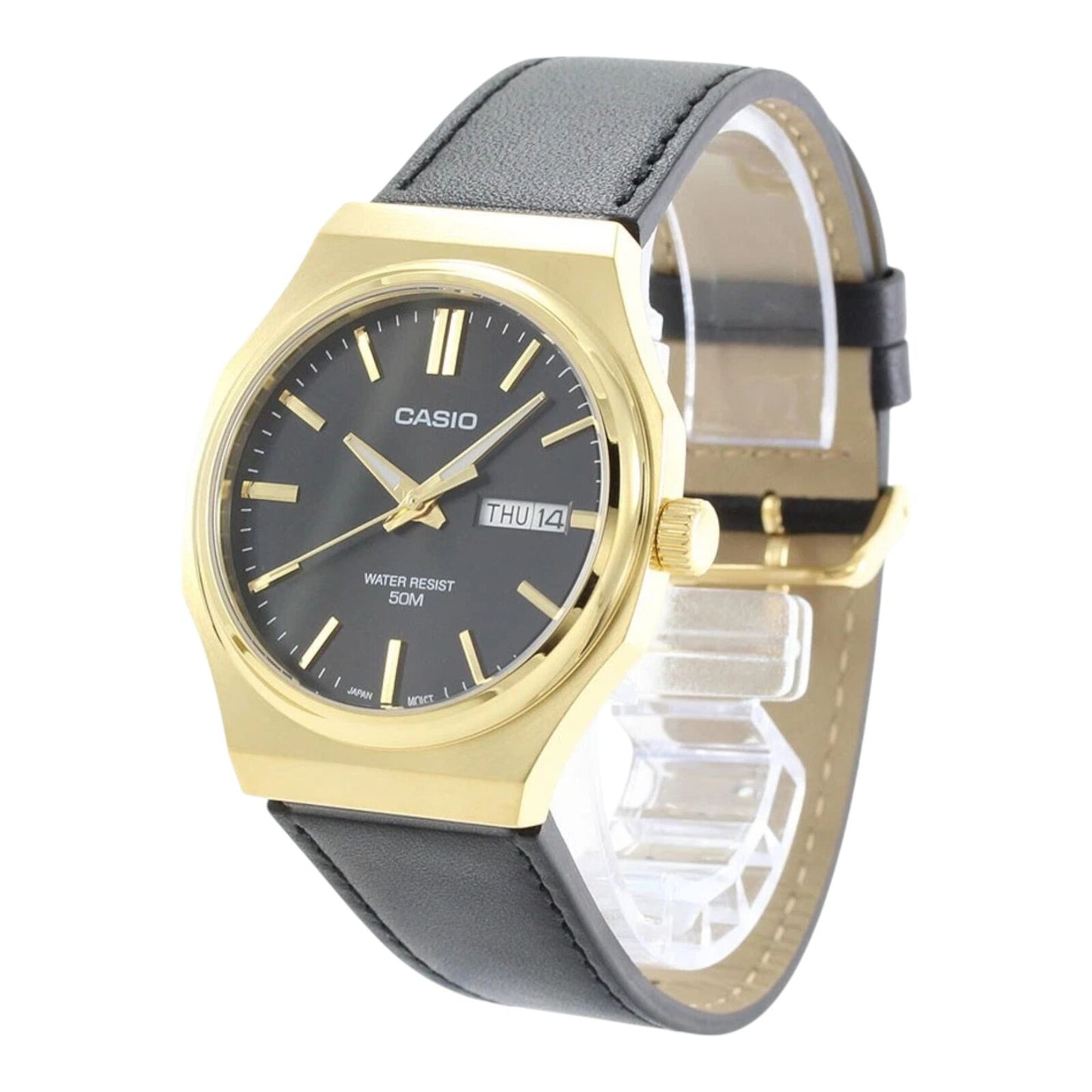 Casio MTP-E735GL-1AV Mens Watch Black Dial Gold Case Leather Strap...