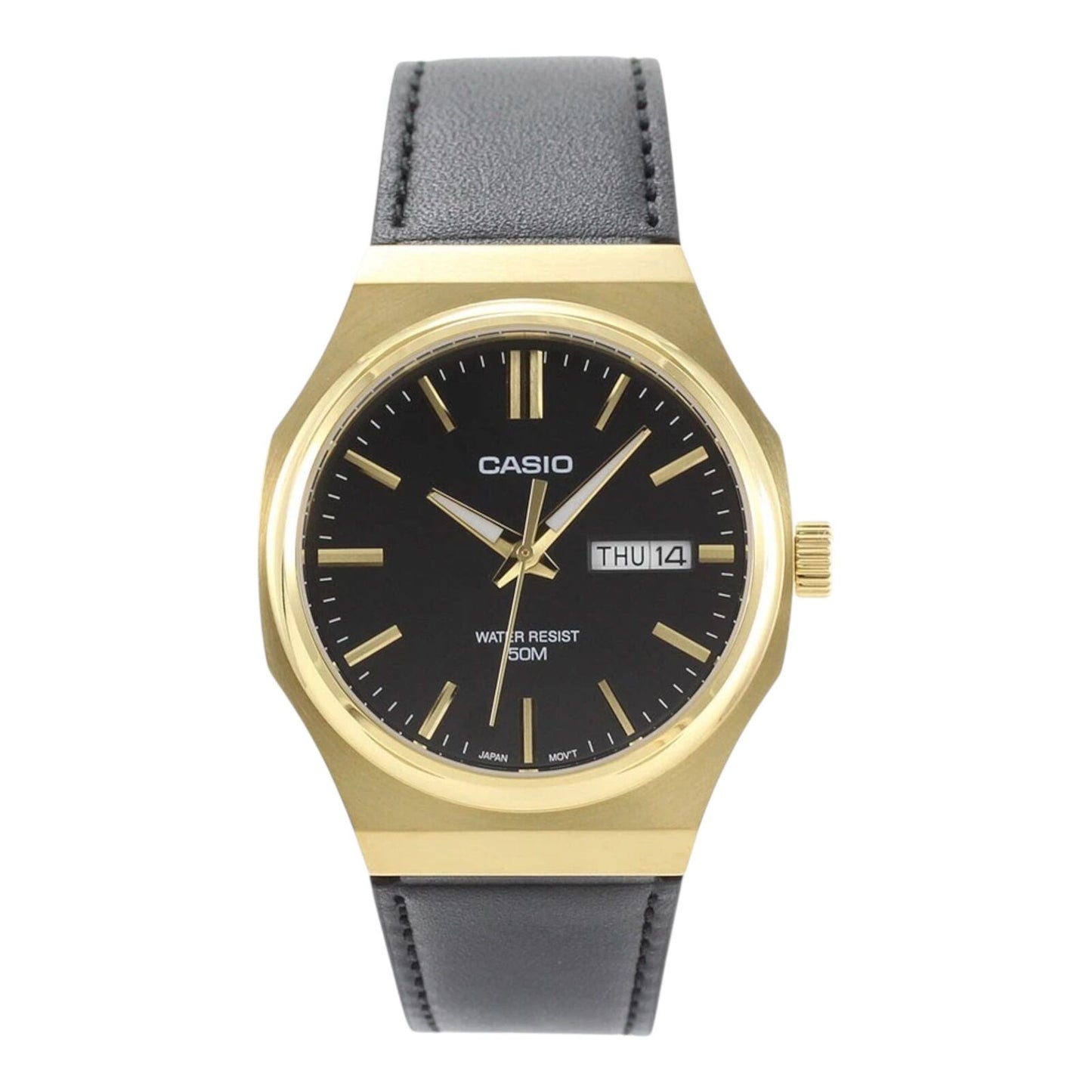 Casio MTP-E735GL-1AV Mens Watch Black Dial Gold Case Leather Strap...