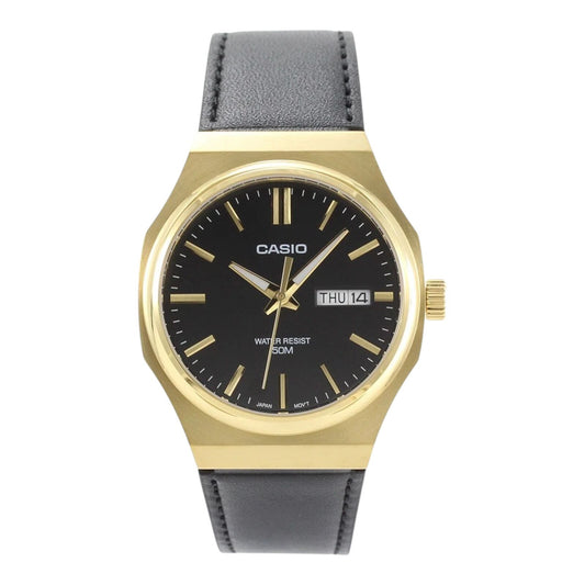 Casio MTP-E735GL-1AV Mens Watch Black Dial Gold Case Leather Strap 50M Water