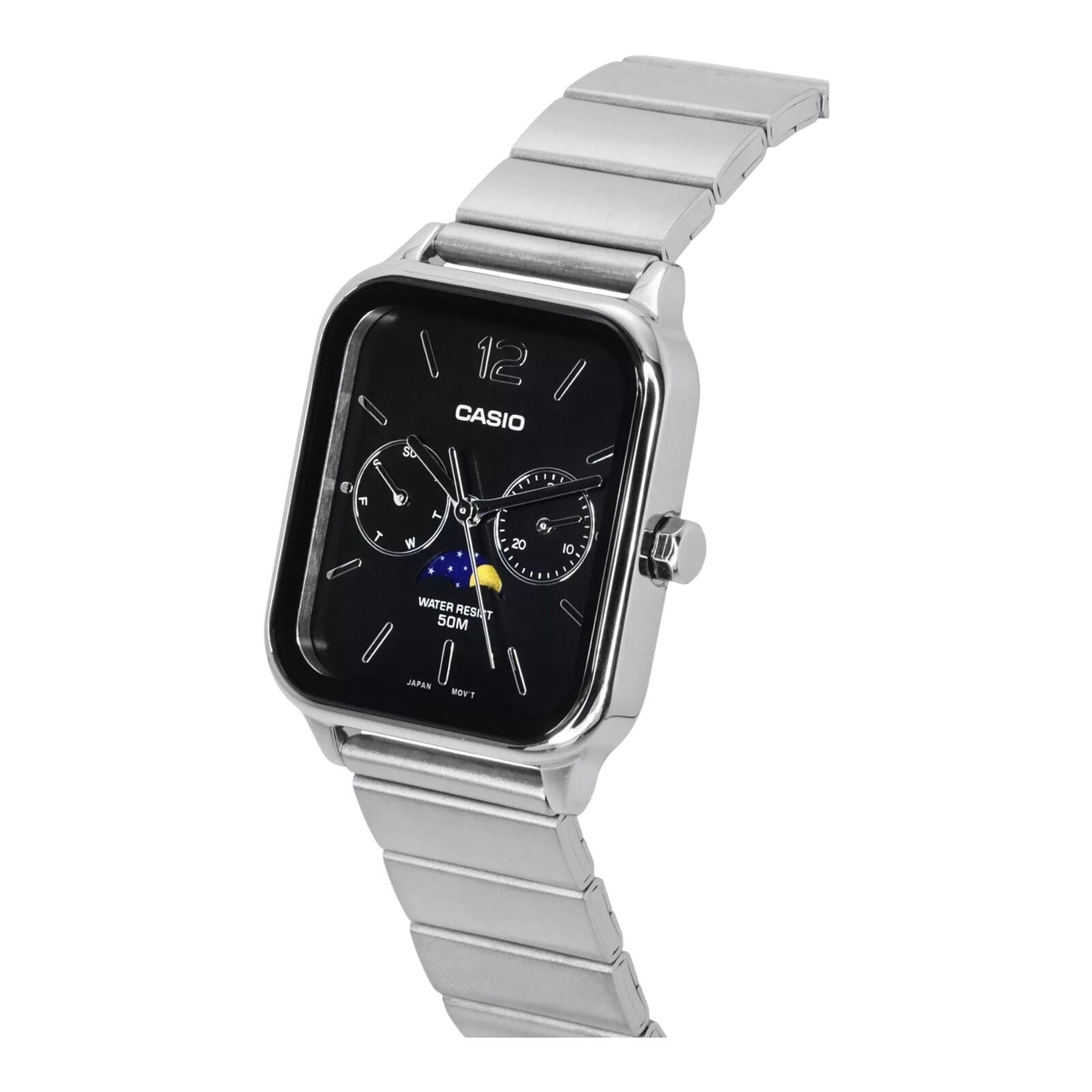 Casio MTP-M305D-1AV Mens Watch Black Dial Moonphase Day Date Steel 50M Water