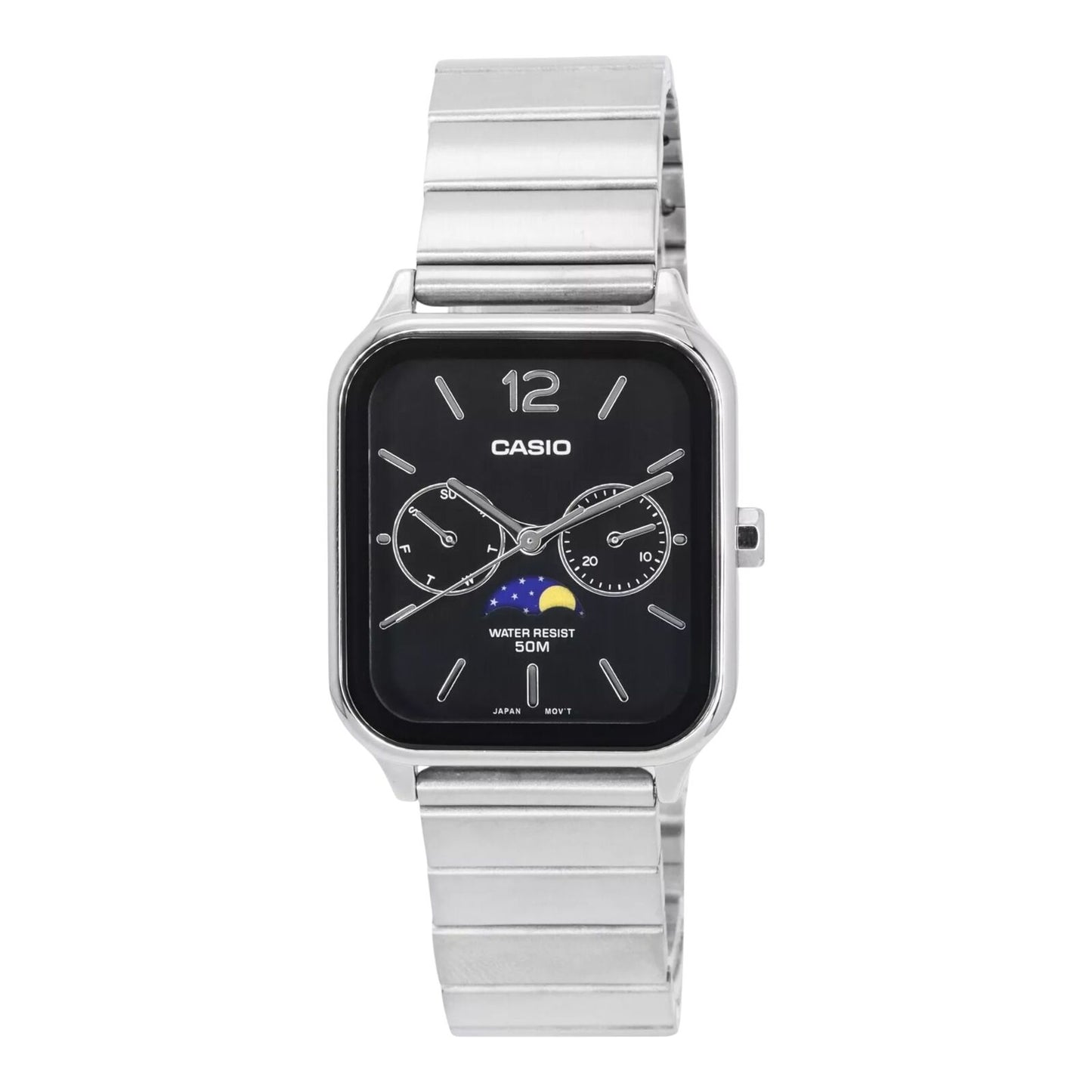 Casio MTP-M305D-1AV Mens Watch Black Dial Moonphase Day Date Steel 50M Water