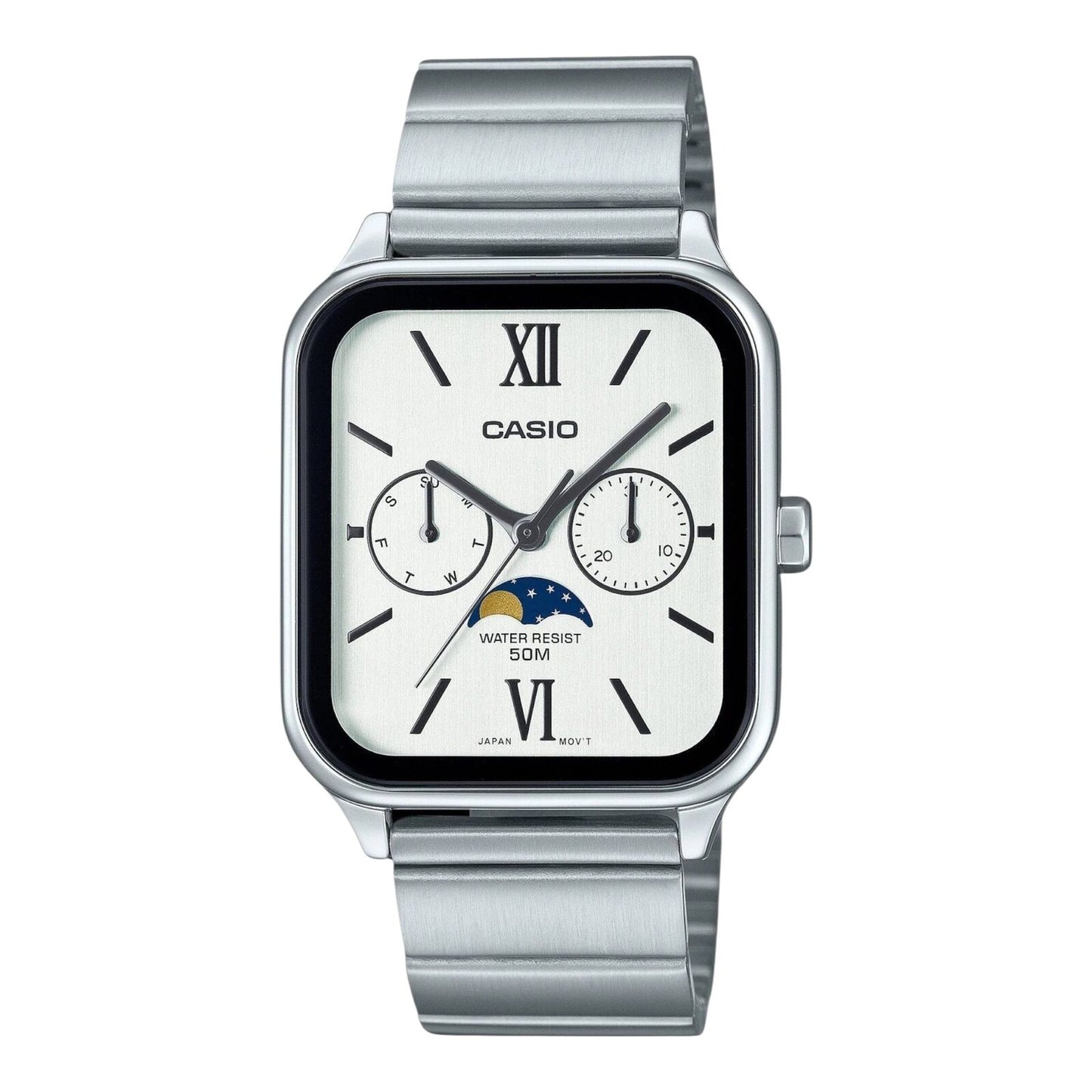 Casio MTP-M305D-7A2V Mens Watch White Dial Moonphase Day Date Steel 50M Water