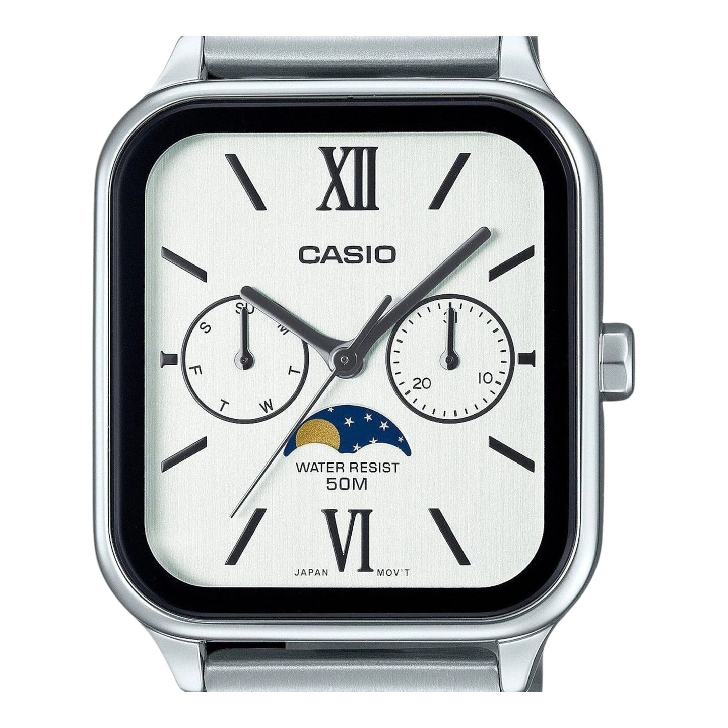 Casio MTP-M305D-7A2V Mens Watch White Dial Moonphase Day Date Steel 50M Water