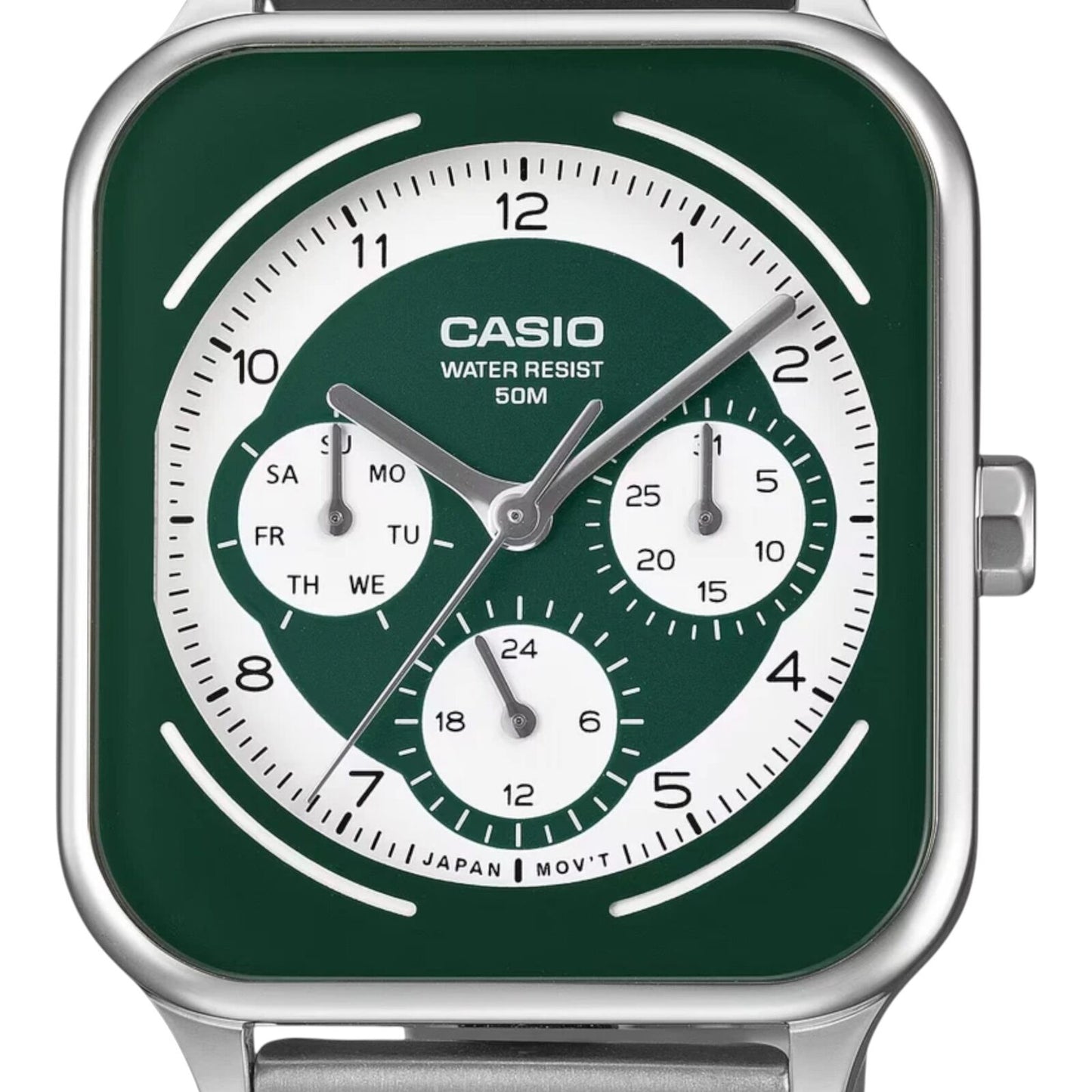 Casio MTP-M307D-3BV Mens Analogue Watch Green Dial Day Date Subdials Steel Band
