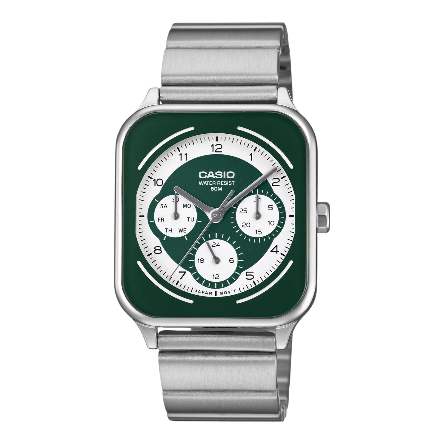 Casio MTP-M307D-3BV Mens Analogue Watch Green Dial Day Date Subdials Steel Band